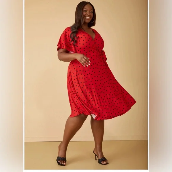 open lace back dress Lara Red Polka Dot Linen Wrap Dress With Long Sleeves main image 1